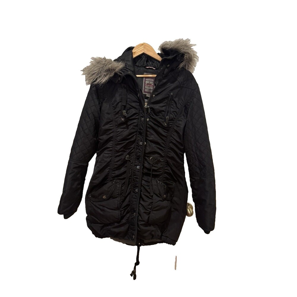 DreiMaster Winterparka Women’s Black Jacket Hood Faux Fur Knit Cuff SZ L
